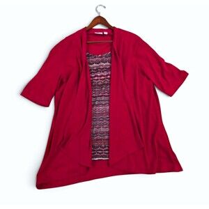 Kim Rogers Red 2-in-1 Layered Cardigan Top Geometric Shimmer Knit Tank Set L